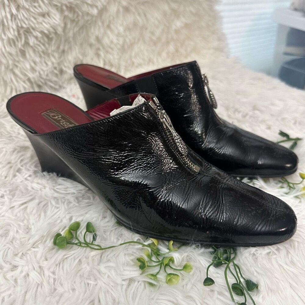 Brighton 'Rocker' Black Patent Leather Zip Front Wedge Slip On Mules 9.5m Italy